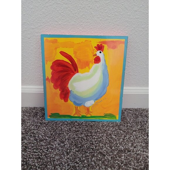 Hand Painted Rooster Brightly Color Wall Plaque Signed 9x10 - Picture 1 of 10